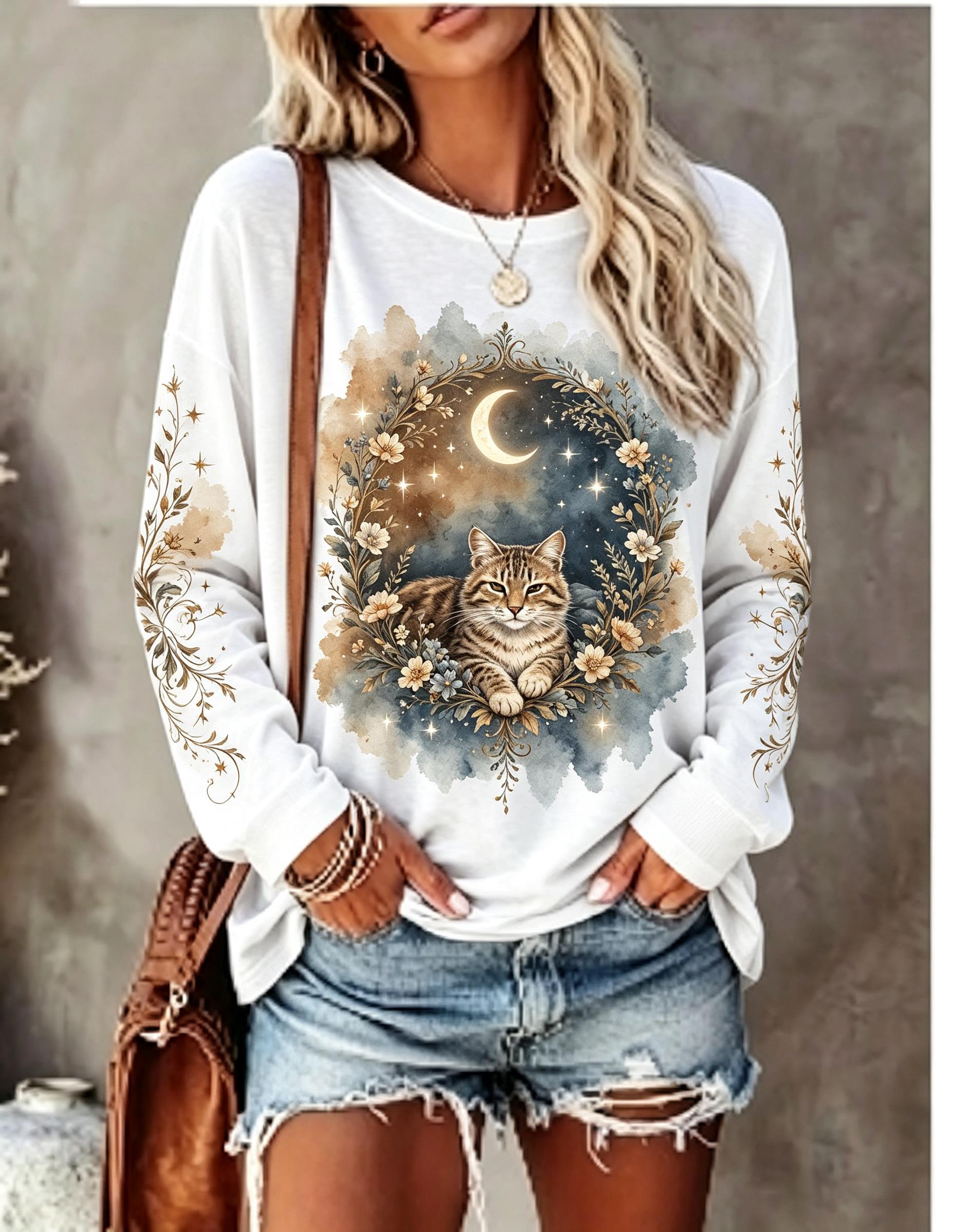 여성용 긴팔 티셔츠, 짖는 늑대, 보름달, 야생, 꽃무 - Shirts 리뷰 및 가격